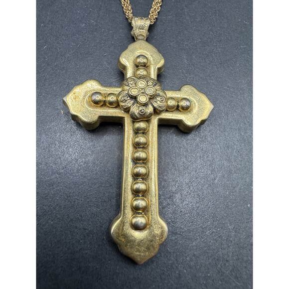 Vtg Whiting & Davis Beaded Floral Gold Tone Cross Pendant Dual Chain Necklace - Picture 1 of 10